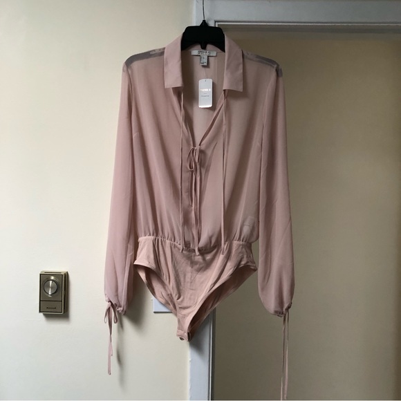 Forever 21 contemporary self tie bodysuit sheer blouse 🪷 blush pink 🪷 Large 🪷 - Picture 2 of 9